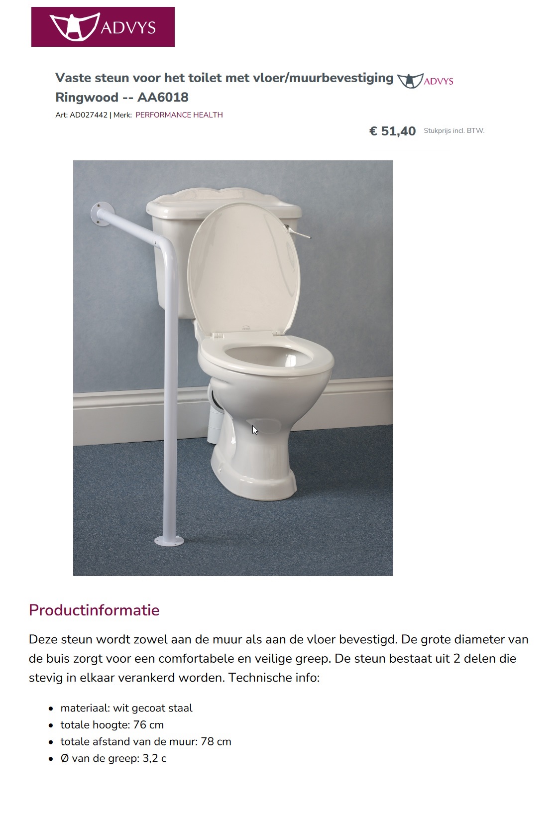 toegevoegd document 2 van Steun voor het toilet met vloer/muurbevestiging Ringwood AA6018 
