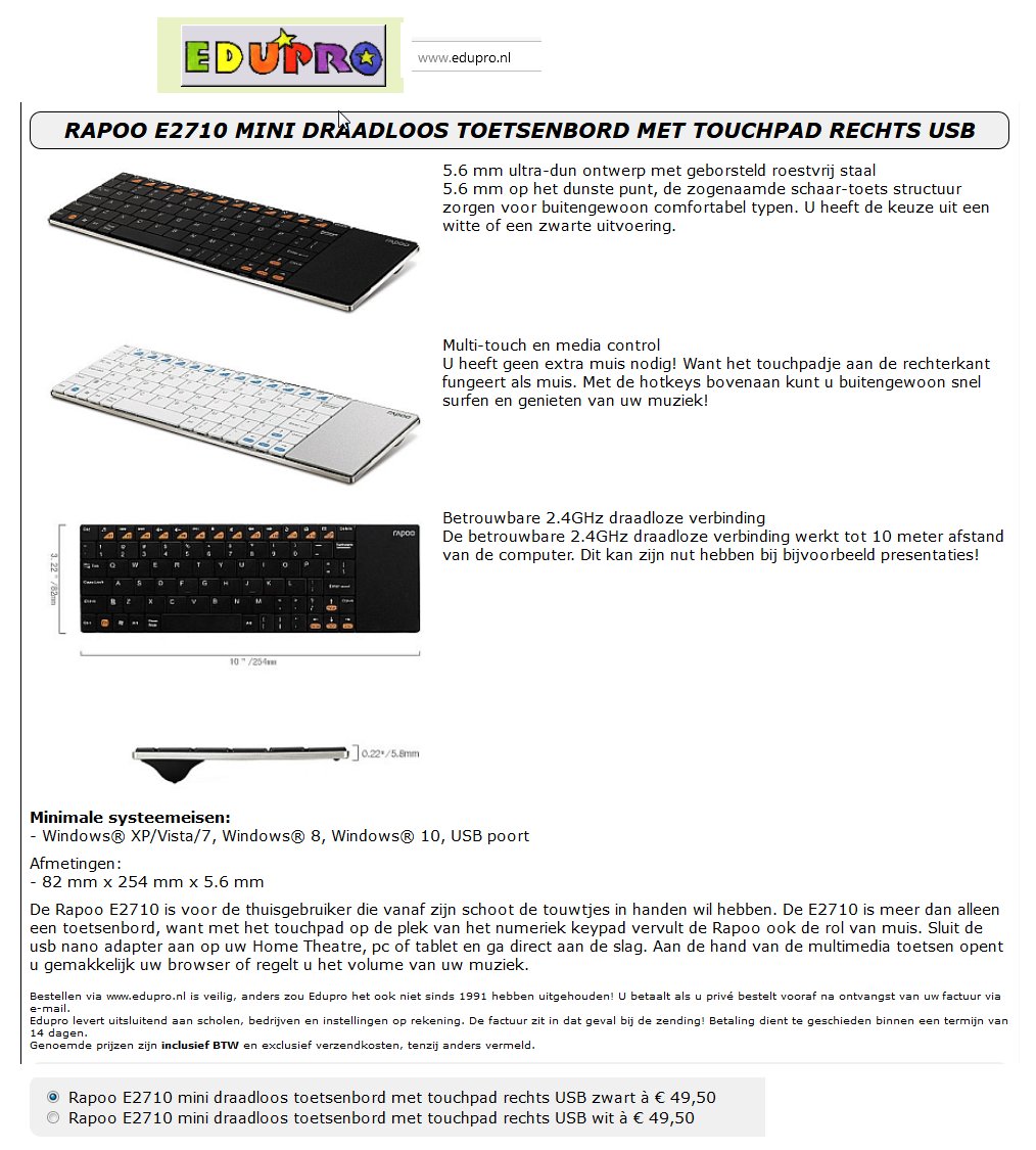 toegevoegd document 2 van Rapoo draadloos toetsenbord ofwel met touchpad ofwel met muis E2710/ E9060 