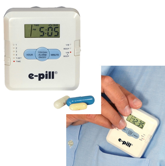 E-pill Medicijnalarm/pillendoos met 4 krachtige tril- en/of geluid alarmen