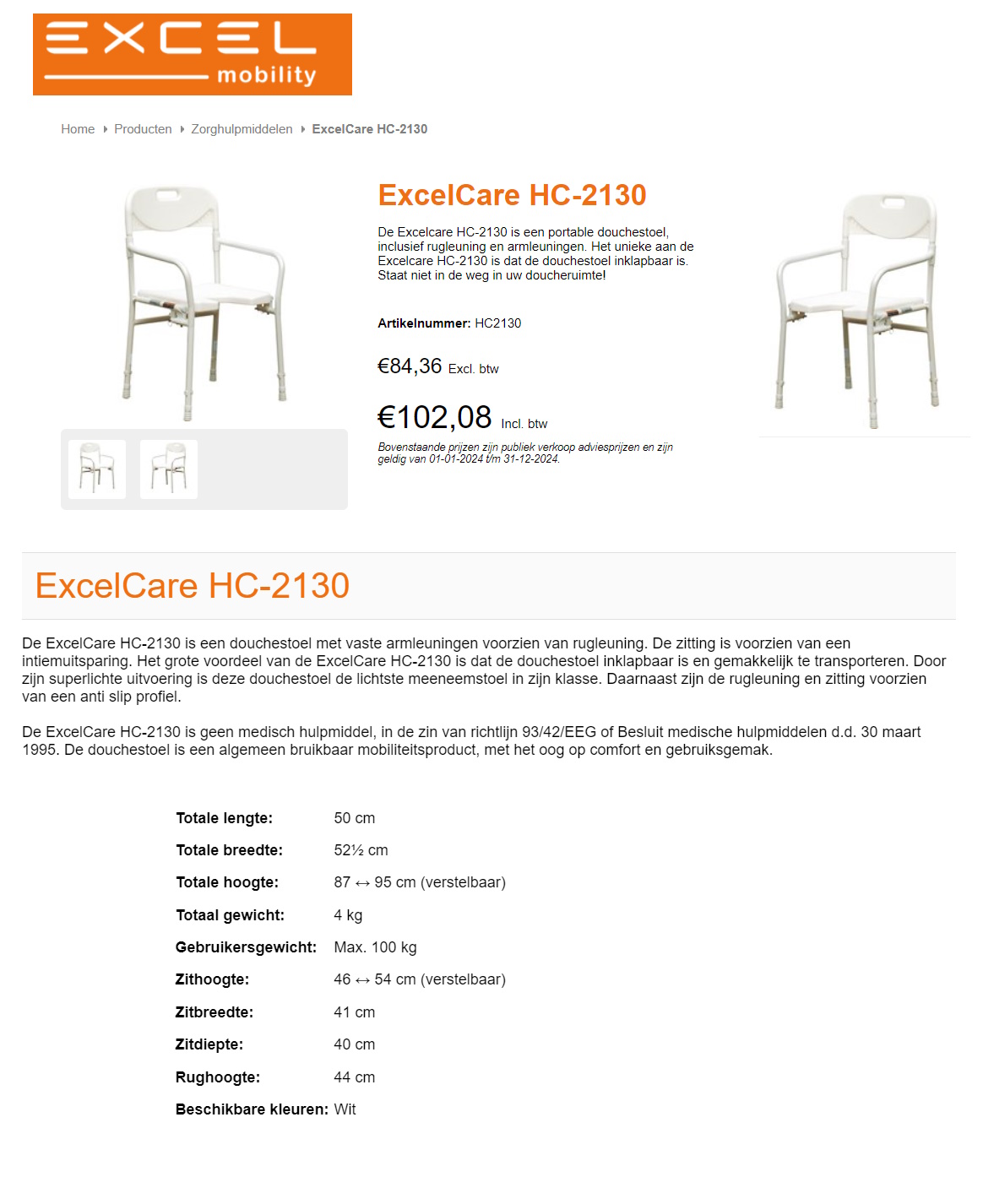 toegevoegd document 2 van Douchestoel met vaste armleuningen en rugleuning Excelcare HC-2130  